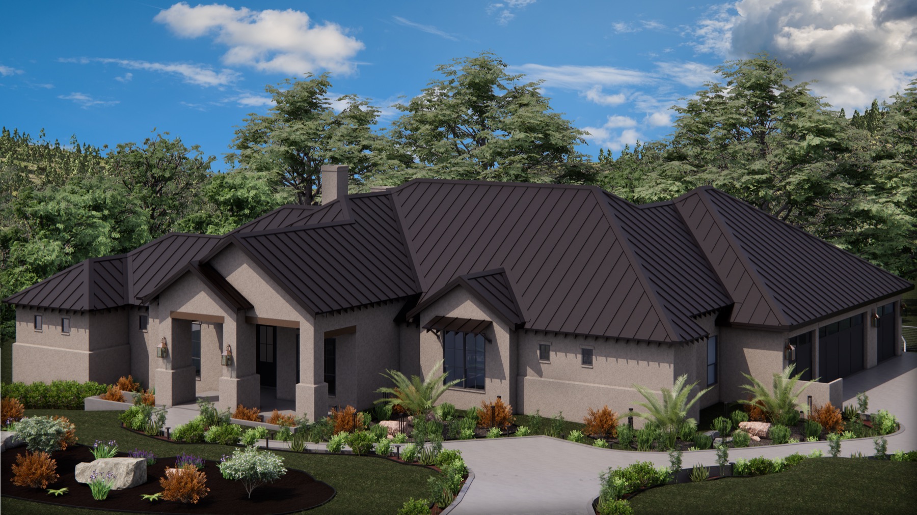 Architectural front-elevation rendering of 23034 Crafty Ridge with a broad single-story roofline and covered entry