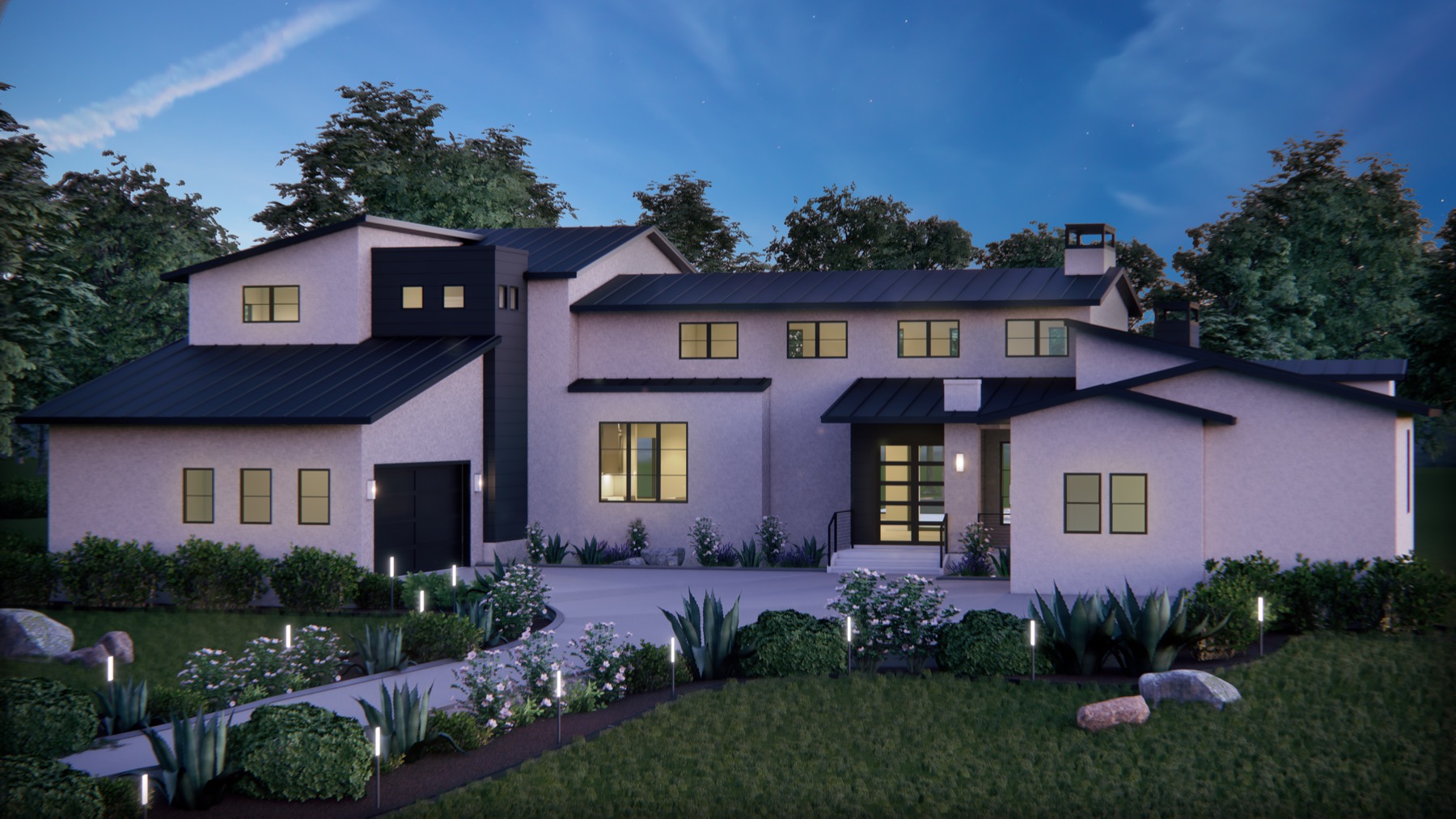 Architectural dusk rendering of 9508 Midsomer Place, a two-story contemporary home in Cantera Hills